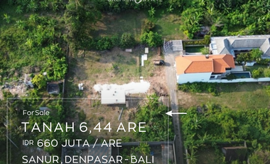 Dijual tanah 6,44 Are lokasi dekat dengan Pantai dan jalan Bypass di Sanur Bali.