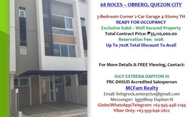 JUST 1.1 KMS AWAY TO FISHER MALL - READY FOR OCCUPANCY CORNER UNIT 3-BEDROOM w/T&B 2-CAR GARAGE 4-STOREY TOWNHOUSE 68 ROCES QUEZON CITY