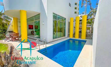 Casa en renta vacacional con terraza, jardín y alberca con vista al campo de golf de Mayan