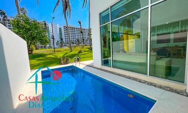 Casa en renta vacacional con terraza, jardín y alberca con vista al campo de golf de Mayan
