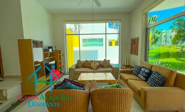 Casa en renta vacacional con terraza, jardín y alberca con vista al campo de golf de Mayan