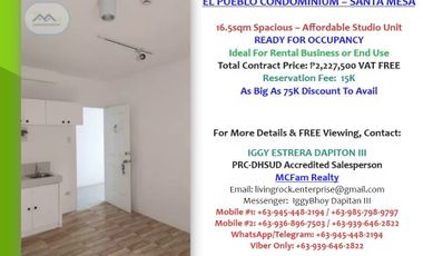 15-30 Days Turnover w/Complete Reqt's Up To 75K Discount To Avail RFO 16.5sqm Studio El Pueblo Condominium Manila - Ideal For Rental Business