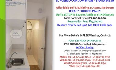 Up To 132K Discount To Avail Reserve 24.5sqm 2-Bedroom El Pueblo Condominium Manila 15K RF 20% DP