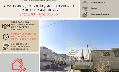 Vendo casa en RIO DON 7, CASA D , LT 5, MZ 1. URBI VILLA DEL CAMPO. TECAMAC EDOMEX. Remate bancario. Certeza jurídica y entrega garantizada