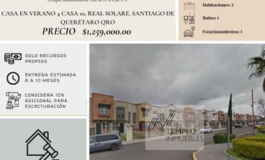 Vendo casa en Verano 4 Casa 10, Real Solare. Santiago de Querétaro Qro. Remate bancario. Certeza jurídica y entrega garantizada