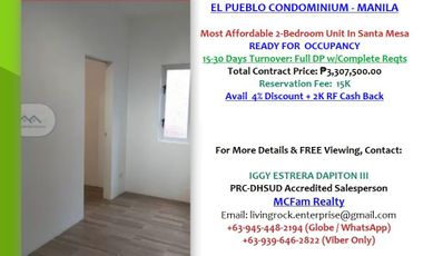 ONLY 3.3M THE MOST AFFORDABLE 2-BEDROOM UNIT IN SANTA MESA AREA 24.5sqm EL PUEBLO CONDOMINIUM MANILA – IDEAL FOR END-USE OR RENTAL BUSINESS