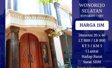 DIJUAL GUDANG RUMAH WONOREJO SELATAN RUNGKUT SURABAYA ROW JLN BESAR