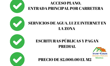 En Venta Terreno Con Escrituras, A 10 Minutos De Tlayacapan Y Oaxtepec, Urbanizado, Oportunidad