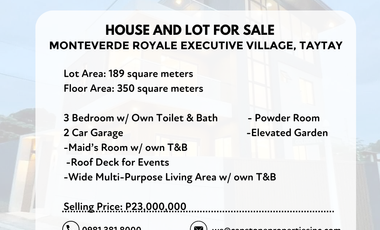 For Sale: Corner House with wide view of Laguna de Bay at Monteverde Royale Executive Village, Taytay, Rizal