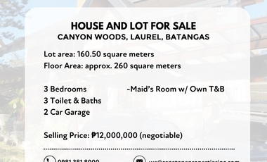 3 Bedroom House and Lot For Sale in Canyon Woods, Laurel, Batangas