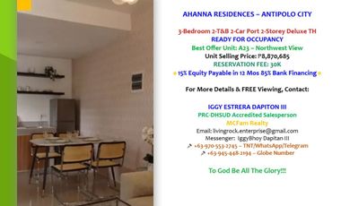 Unlock Prosperity and Comfort at Unit A23 3-Bedroom w/2-T&B 2-Car Garage 2-Storey Deluxe Townhouse Ahanna Residences Antipol– Reserve Your Spot Today!