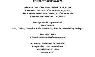 VENDO CASA CONJUNTO HABITACIONAL TERRAZAS DEL PICHINCHA, Sector La Mena, Sur de Quito.