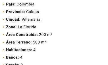 VENTA DE CASA CAMPESTRE DE 200 M2 CON LOTE DE  500 M2 EN LA FLORIDA. MANIZALES CALDAS