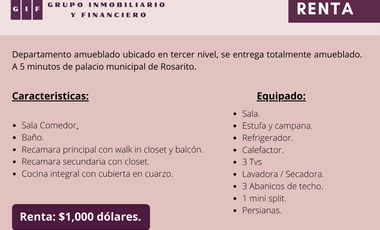 DEPARTAMENTO AMUEBLADO EN RENTA EN ROSARITO | AMPLIACION CONSTITUCION | 2 REC