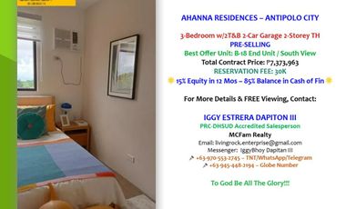 Exclusive End-Unit Townhouse in Antipolo – Spacious, Secure, and Near Everything! Pre-Selling 3-Bedroom w/2T&B 2-Car Garage Ahanna Residences Antipolo