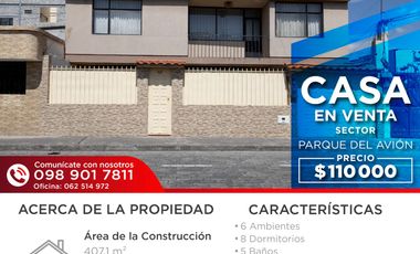 CASA DE VENTA EN IBARRA SECTOR PARQUE EL AVION, IBARRA