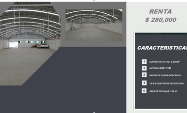 RENTA 2 BODEGA NUEVAS 3500M2 C/U  $80M2  TOTAL $ 280,000 MAS IVA  C/U ANDEN DE CARGA / DESCARGA ZONA CENTRAL DE ABASTOS  TOT  7000M2 POR LAS 2 BODEGAS