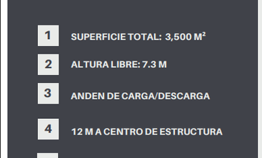 RENTA 2 BODEGA NUEVAS 3500M2 C/U  $80M2  TOTAL $ 280,000 MAS IVA  C/U ANDEN DE CARGA / DESCARGA ZONA CENTRAL DE ABASTOS  TOT  7000M2 POR LAS 2 BODEGAS