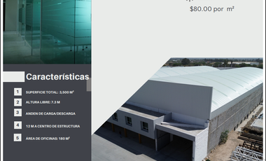 RENTA 2 BODEGA NUEVAS 3500M2 C/U  $80M2  TOTAL $ 280,000 MAS IVA  C/U ANDEN DE CARGA / DESCARGA ZONA CENTRAL DE ABASTOS  TOT  7000M2 POR LAS 2 BODEGAS