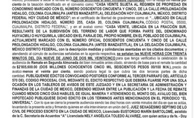 Audiencia de Remate en Cuajimalpa SEGUNDA ALMONEDA