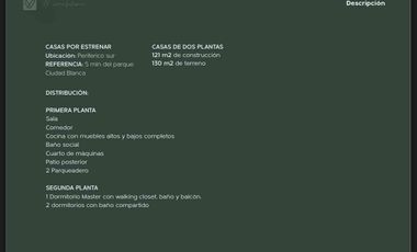 CASA POR ESTRENAR DE VENTA A 5 MIN PARQUE CIUDAD BLANCA