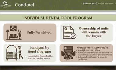 Invest Smart with Moncello Crest: A DMCI-Managed Condo Hotel Near Baguio
-Earn from hotel operations, stress-free