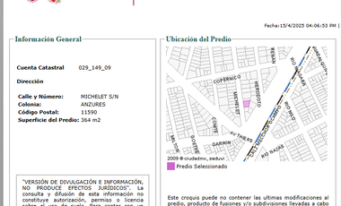 Terreno Comercial en Venta, Anzures, Miguel Hidalgo.