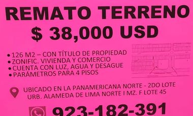 TERRENO EN SANTA ROSA EXCELENTE UBICACIÓN EN LA MISMA PANAMERICANA. ENTRE PUENTE PIEDRA Y ANCÓN