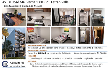 RENTA Departamento nuevo amueblado sobre Dr, Vertiz 1301 Letrán Valle, Benito Juárez