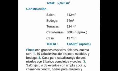 Vendo FINCA con Salon con Chimenea, Baños Hombres y Mujeres y Jardín de Fiestas con Medios Baños, Muro Lloron, Area de Estacionamiento Techada, Casa Habitación, Casa del Caballerango, 40 Caballerizas.