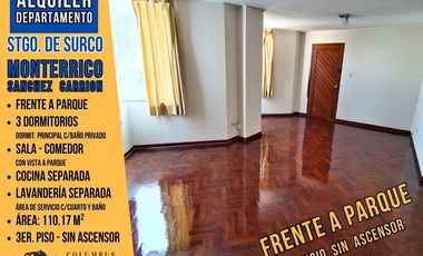 Surco MONTERRICO – Alquiler Dpto Frente a Parque de 3 dorm