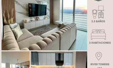 RIVER TOWERS-SAMBORONDON km5, Alquilo moderno Departamento Amoblado vista al río, 3 dormitorios $2000
