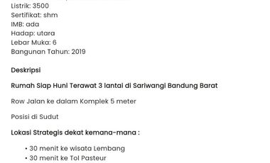 RUMAH MEWAH 3 LANTAI SARIWANGI BANDUNG UTARA UDARA SEGAR ADEM.