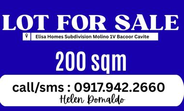 LOT FOR SALE 200sqm in ELISA HOMES Phase2A Molino Bacoor nearby Daang Hari