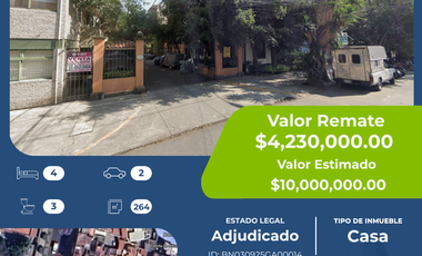 Casa en venta en Colonia del Valle, Benito Juárez, 4 recámaras, 3 baños, 2 estacionamientos, 264 m² (Remate bancario)