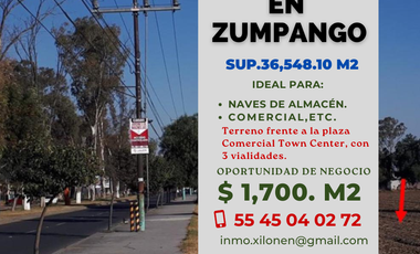 Terreno En Venta en Zumpango Edo. Méx. de OPORTUNIDAD con tres vialidades. Frente a la plaza comercial Town Center. Uso de suelo amplio: CRU CORREDOR