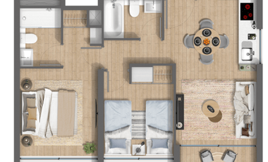 Departamento cero pie con  al 90% al 85% y planta 2D2B medidas 49,31 m2 valor 4470 uf  al 80% paga 5% en cuotas