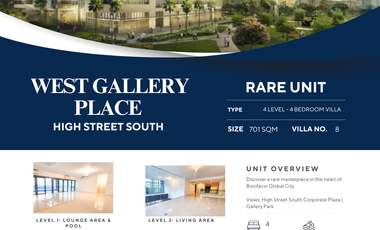 4 Level Private Villa in West Gallery Place at 701 SQM Floor Area, 4 Bedrooms, Private Pool, 4 Parking Slots, With 80SQM Balcony, BGC Taguig, FOR SALE