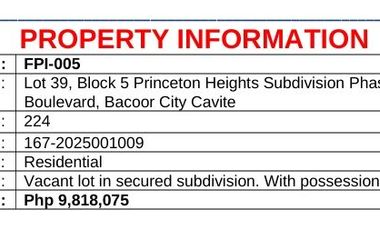Residential Vacant lot for sale in Princeton Heights in Bacoor City Cavite