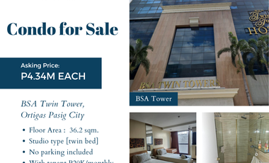 Condo for Sale BSA Twin Tower, Ortigas Pasig City P4.34M each