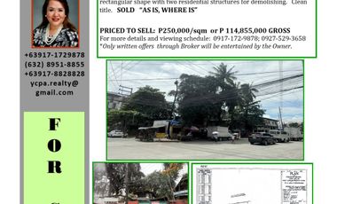 For SALE Commercial Corner Lot on D Tuazon corner G Roxas and one lot to Del Monte 459.42 sqm