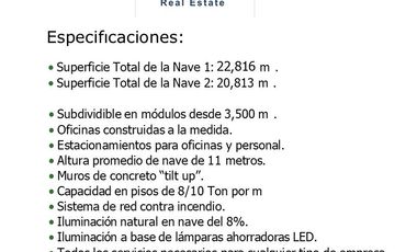 TULTITLAN/TULTEPEC DENTRO DE PARQUE INDUSTRIAL CON VIGILANCIA HASTA 43,000 M2 DIVISIBLES 3,500 M2 ANDENES