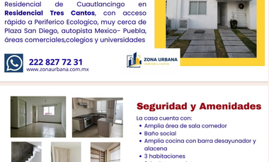 CASA EN RENTA TRES CANTOS, CUAUTLANCINGO PUEBLA