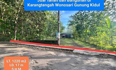 Jual Tanah bonus Gudang di Karangtengah Wonosari Gunung Kidul Pinggir Jalan Raya Murah