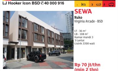 Disewakan Ruko 3 Lantai di Virginia Arcade BSD City