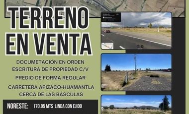 EXCELENTE TERRENO EN VENTA CARRETERA APIZACO-HUAMANTLA, TLAX.