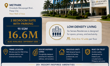 2BR Condo unit with Parking for Sale in Bay Area Pasay Six Senses Residences near Mall of Asia , Solaire Okada