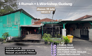 Disewa 1 Rumah + 1 Workshop Luas cocok untuk Gudang dan Konveksi 5 K. Tidur 2 K. Mandi
