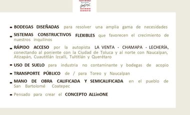 HUIXQUILUCAN, TENEMOS BODEGAS A PARTIR DE 128 M2 ,400 M2  Y 4 DE 734 M2 DENTRO DE PARQUE, ANDENES