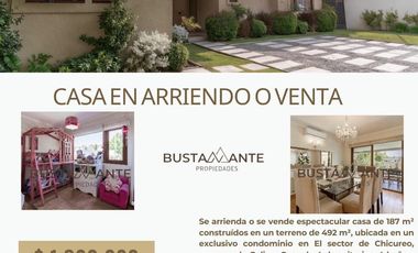 VENDO O ARRIENDO CASA 4D 4B, COND. AGUAPIEDRA, CHICUREO, COLINA, SANTIAGO